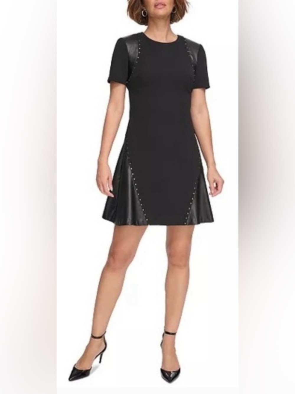 DKNY Black Short-Sleeve A-Line Dress with Satin hem and shoulders Panels